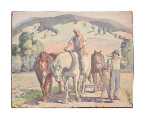 λ HAROLD DEARDEN (BRITISH 1888-1962)A STUDY OF FARMERS AND WORKING HORSES IN A FIELDOil on canvas laid on board25.5 x 30.5cm 