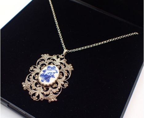 Silver and blue / white ceramic fob necklace