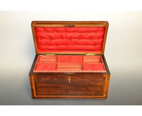 A George III mahogany rectangular tea caddy, later fitted as a work box, outlined throughout with boxwood stringing, lion mas