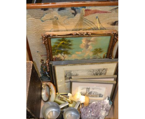 Boxes and objects - an amethyst cluster; an onyx table lighter and ashtray; a needlecraft of the Mary Rose, framed; pictures 