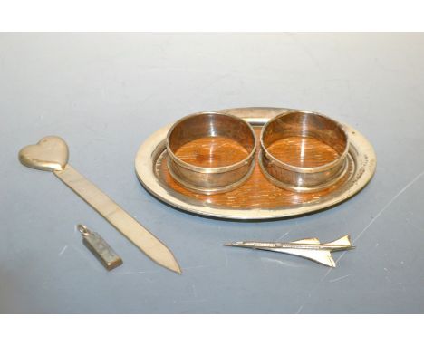 Silver -a Concord brooch;  a heart paper knife;  a silver mounted oval card tray, Levi and Salamon etc (6)