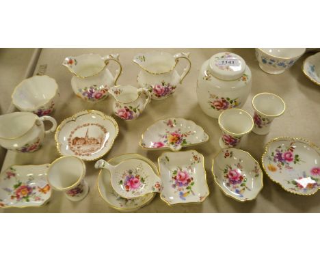 A Royal Crown Derby Posies small ginger jar with cover, a tea strainer with drip tray, Chelsea jugs, sugar bowl and creamer, 