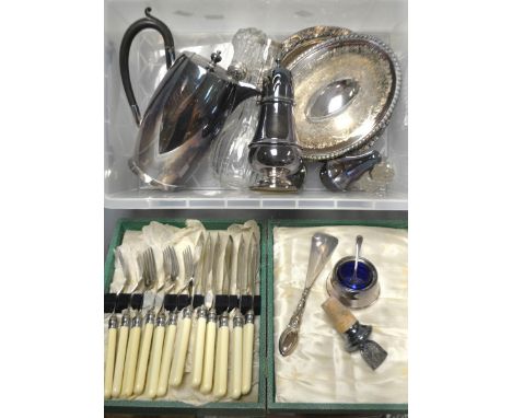 A silver shoe horn, Sheffield; a silver collared dressing table bottle, others; a silver topped glass pepperette; plated ware