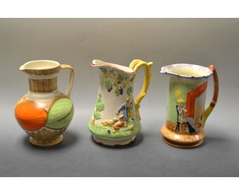 A Sanford ware Art Deco jug, girl by the fire; another similar figure hunting, unmarked etc (3)