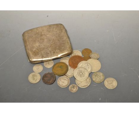 Silver  - a cigarette case, engraved exterior, Birmingham 1922; Georgian and later silver and other coins qty