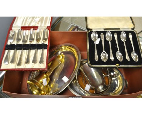 Silver and Plate - a set of six silver spoons, Sheffield 1962, cased;  a napkin ring;  an EPNS tankard, brass bell etc 