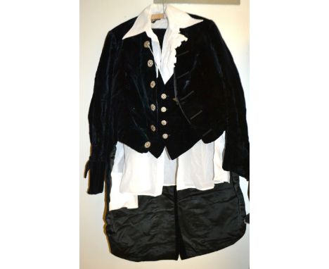 Vintage Costume - a Victorian blue silk velvet footman's outfit, comprising tailcoat and breeches, replacement steel cut butt