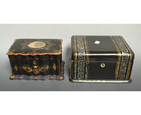 A Victorian papier mache rectangular jewellery box, outlined throughout with mother-of-pearl Greek key marquetry, fitted inte