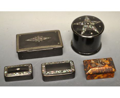 A Victorian papier mache rectangular tobacco box, c. 1860; similar snuff boxes (2); a Victorian tortoiseshell rectangular snu