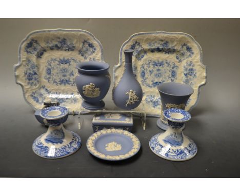 Ceramics - a pair of Felspar china no.50 bread and butter plates; a Spode Italian boudoir candlesticks; Jasper including vase