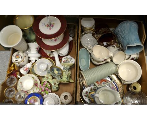 A Staffordshire Dolphin China tea set; a Royal Albert cup and saucer; a three tier cake stand; Lovatt's vase; Limoges trinket