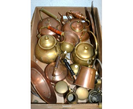 Copper and Brassware - a Victorian coper kettle, tea caddy, ladles, kitchenware
