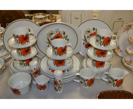 A J G Meakin Studio line dinner and tea service, decorated in the Poppy pattern inc dinner and side plates, cups, saucers, ju