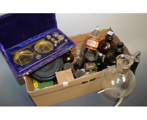 A case portable scale set, photographic development items, chemical bottles etc qty