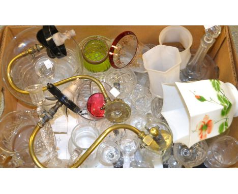 Glassware - a Victorian etched clear comport,  a decanter and stopper, drinking glasses, jug, etc;  an Art Deco painted lamp 