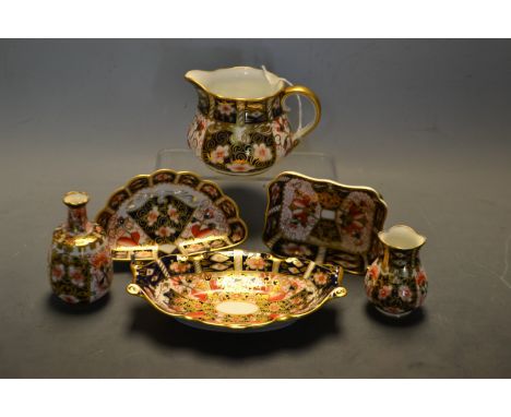 A Royal Crown Derby 2451 pattern miniature vase, another, a cream jug, a fan tray, other trinket dishes (6)