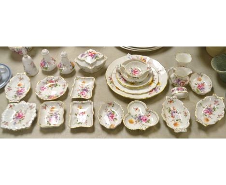A pair of Royal Crown Derby Posies salt and pepper pots, a tea strainer and drip bowl, trinket dishes, side plates, jugs, vas