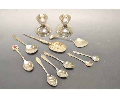 Silver - a filigree spoon, other spoons; a pair of candlesticks