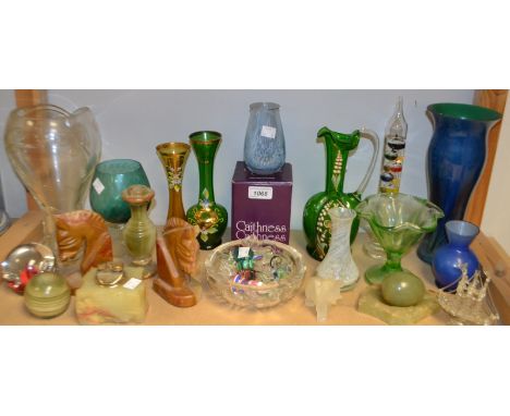 A modern Loetz type iridescent green and blue glass vase; 19th century and later enamelled glass; a Caithness vase, boxed; no