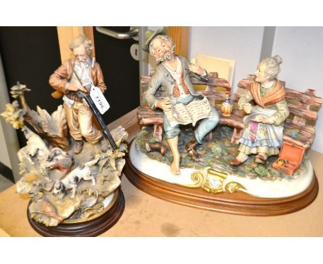 A Capodimonti figure Surprised Hunter, signed L Cazzola, with certificate;  another Couple on a Bench (2)