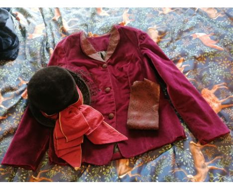 Private driving outfit with 40" burgundy velvet jacket, burgundy brocade stock to match and a hat by Susie D'Alberto