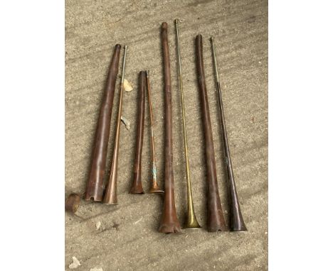 Coach horn by A Hayes with leather case; brass and nickel coach horn by Alfred Hayes with leather case; copper coach horn wit