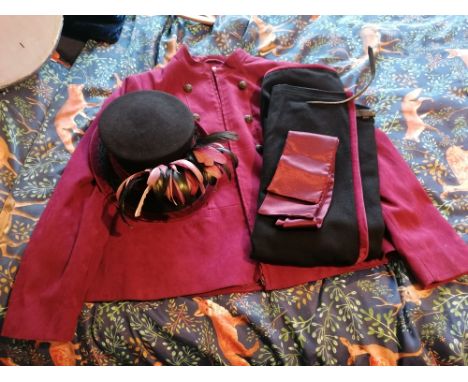 Private driving outfit with a 42" burgundy jacket, burgundy stock and a hat with dyed feathers by Angela Benn