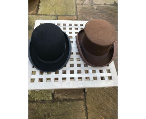 Black bowler hat size 7 1/4 with a brown felt top hat size 6 7/8