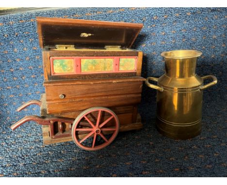 Miniature barrel organ cigarette music box with a miniature brass churn