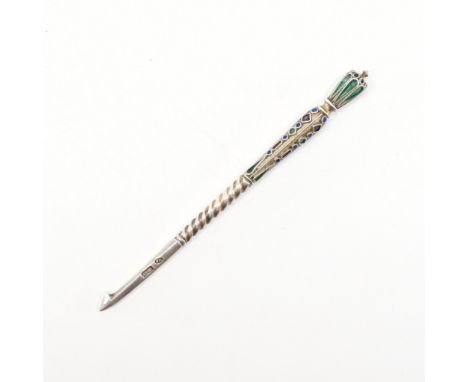 A late 19th Century Imperial Russian silver crochet hook. The hook having cloisonne enamelled handle with twisted stem. Russi