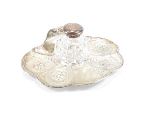 A hallmarked 19th Century Victorian silver lidded scent bottle &amp; trinket dish. The glass perfume bottle having repeating 