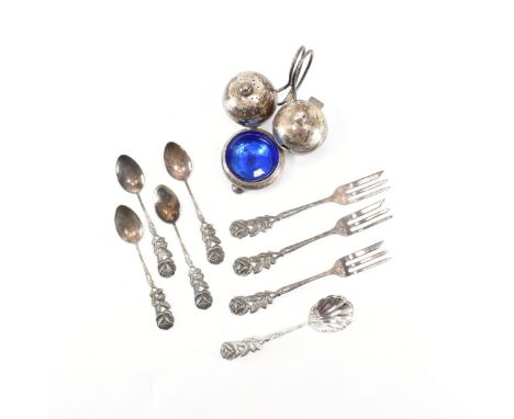 An early 20th Century Edwardian hallmarked silver cruet set, together with a selection of silver plated spoons and forks. The