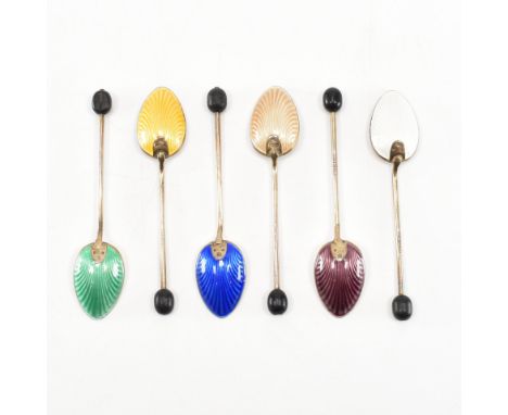 Set of six hallmarked silver &amp; guilloche enamel teaspoons. The spoons having a pointed bowl with various coloured enamel 