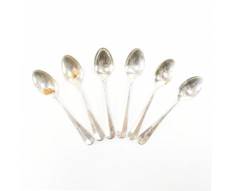 A set of six silver hallmarked teaspoons. The spoons having an upturned Hanovarian terminal. Hallmarked Sheffield, 1959. Make