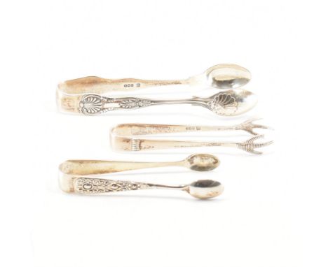 A selection of three silver sugar tongs. The first pair of nips having a kings pattern to the sides and bowl. (Hallmarked She