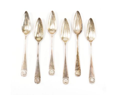 A set of six 1920's Art Deco era silver hallmarked grapefruit spoons. The spoons having elongated bowls with moulded shells t