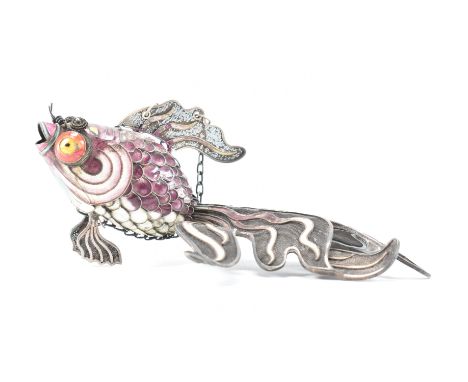 A large Chinese silver and cloisonné enamel Koi fish. The fish having an articulating body and eyes with mesh and enamel deco