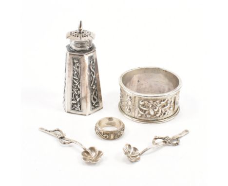 Assortment of silver items. Lot to include two matching silver plated cruet spoons. The spoons having prunus flower bowls and