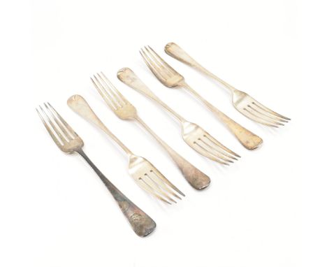A group of six assorted antique silver forks. The lot to include five 19th Century Victorian silver hallmarked forks having r