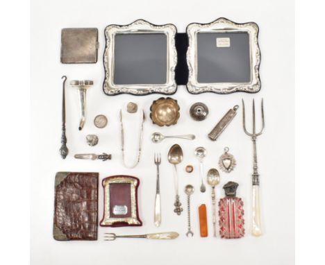 An assorted collection of antique &amp; later silver. The lot to include; Alligator skin wallet (hallmarked for Birmingham 19