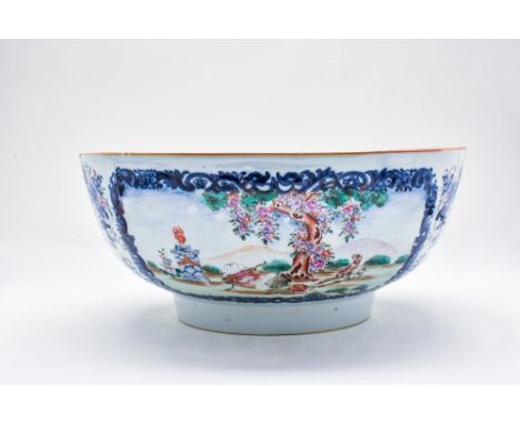 Qianlong period (AD 1735-1796), Qing dynasty.A Chinese Canton enamel punch bowl. Decorated with panel paintings depicting rec