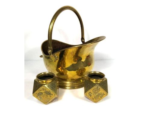 A brass helmet coal scuttle, together with vintage brass and stained glass panelled firescreen; also a pair of faceted brass 