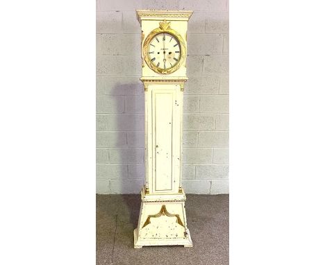 A Swedish painted longcase clock, the circular dial signed J.Mortensen, 1864, in an architectural case, with later gilt linin