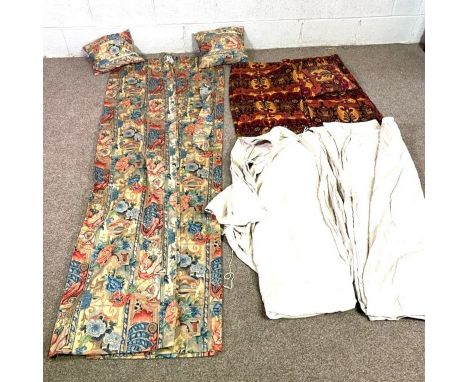Two pairs of vintage curtains, with highly colourful fabric, includes two cushions
