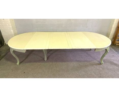 A vintage extending oval dining table, with cream painted top, cabriole legs and sage green painted base, 72cm high, 300cm lo