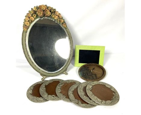 A vintage table mirror, with decorative rose surmount; together with assorted items including a a copper jug, a photo frame, 