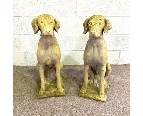 A pair of composition stone garden gate figures of hunting dogs, circa 2000, standing at attention, 72cm high (with some attr