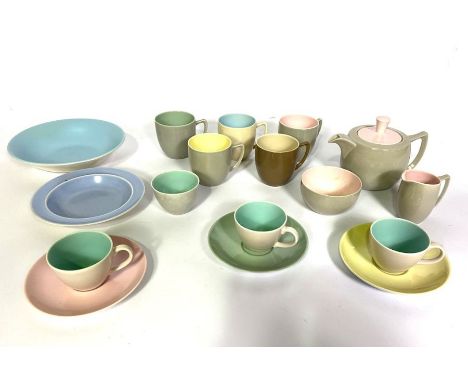 Assortment of Poole pottery tea wares; together with assorted ceramics including four Wedgwood Etruria cream leaf plates (a l
