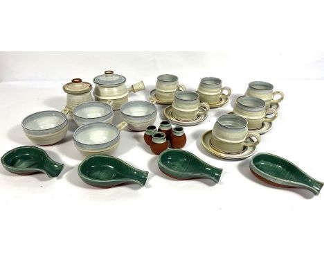 A variety of decorative kitchen Stoneware, including light blue soup bowls, matching serving pots; also honey and jam pots an