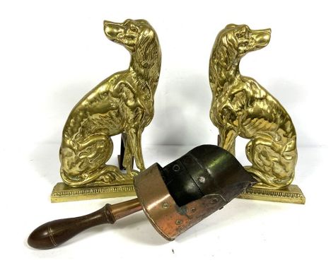 A large copper vessel, now a log bin, 48cm diameter, with a pair of brass fire dogs, circa 1900, both hunting dogs standing, 